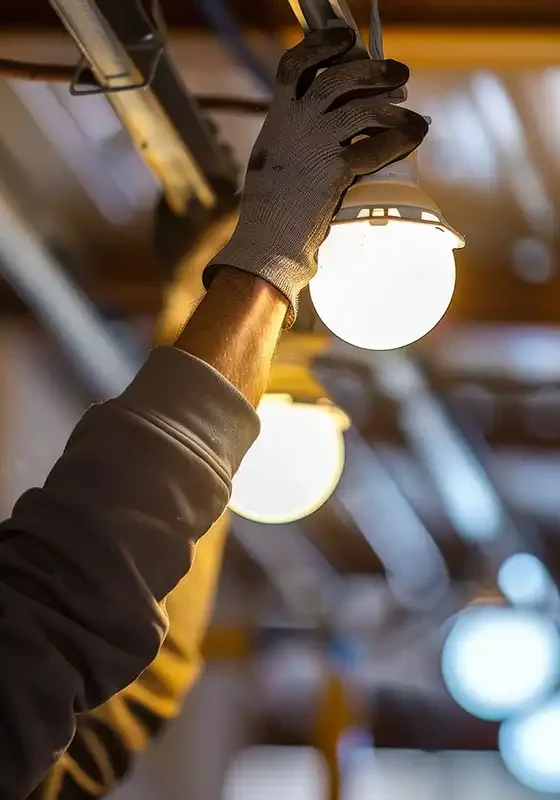 worker installing industrial light bulb